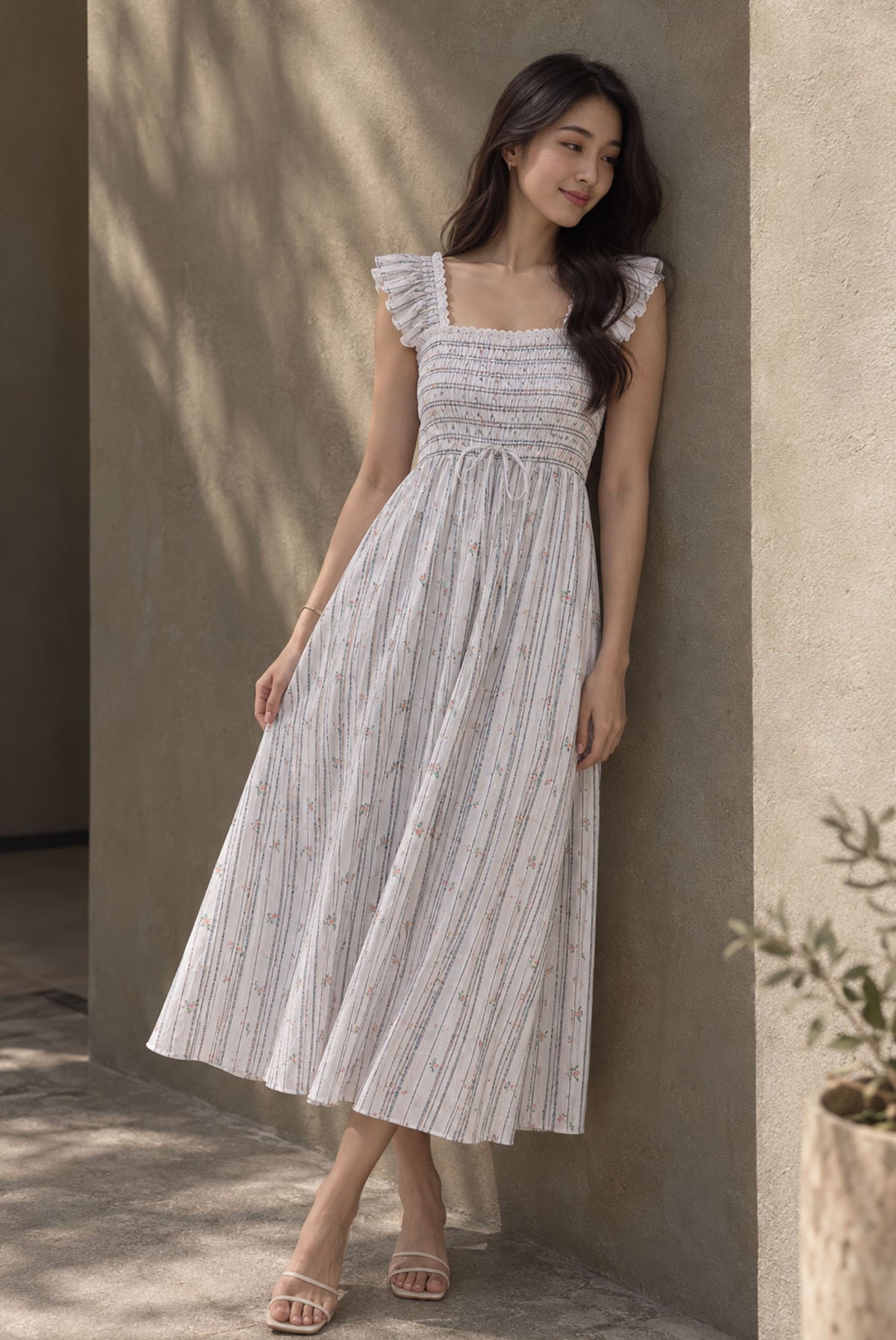 Jezebel Ruffle Strap Lattice Smocked Maxi Dress In Stripes Floral