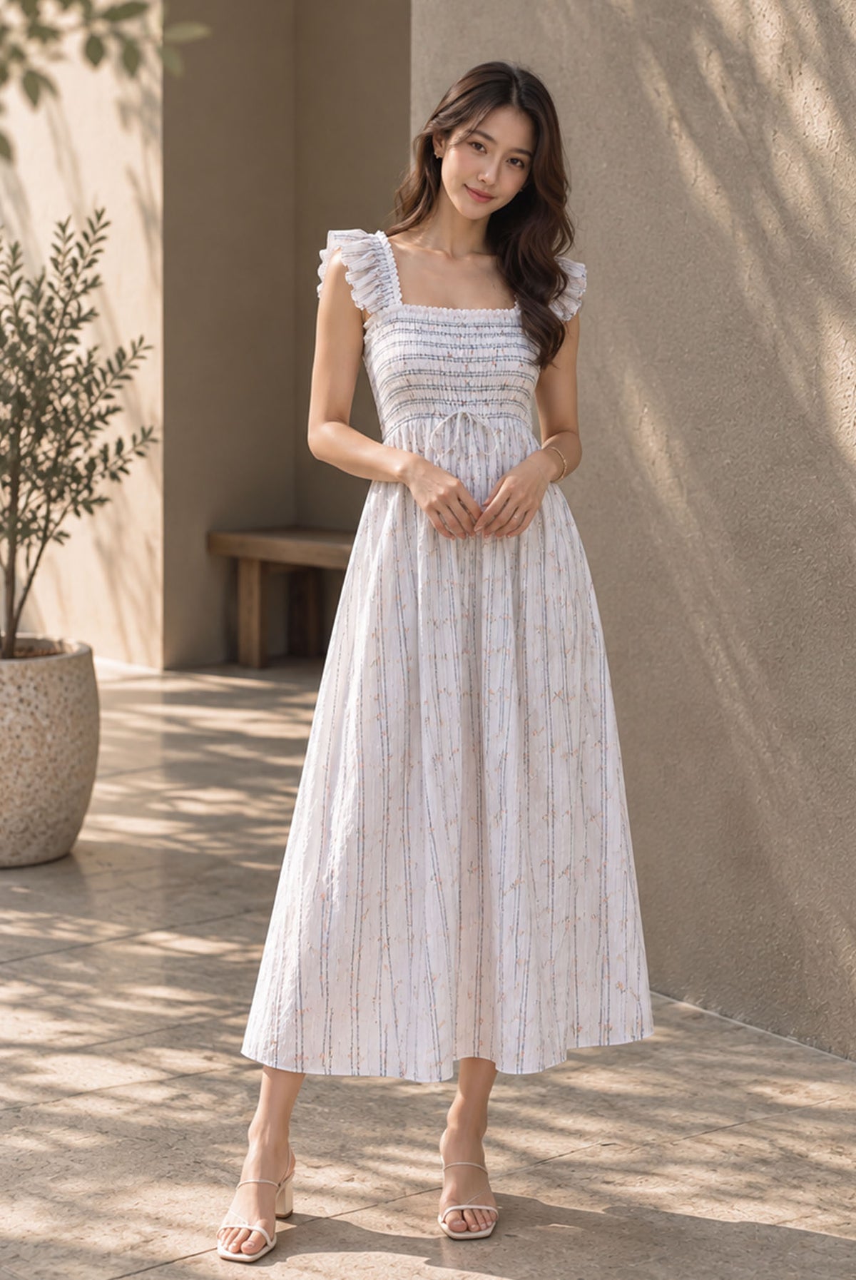 Jezebel Ruffle Strap Lattice Smocked Maxi Dress In Stripes Floral