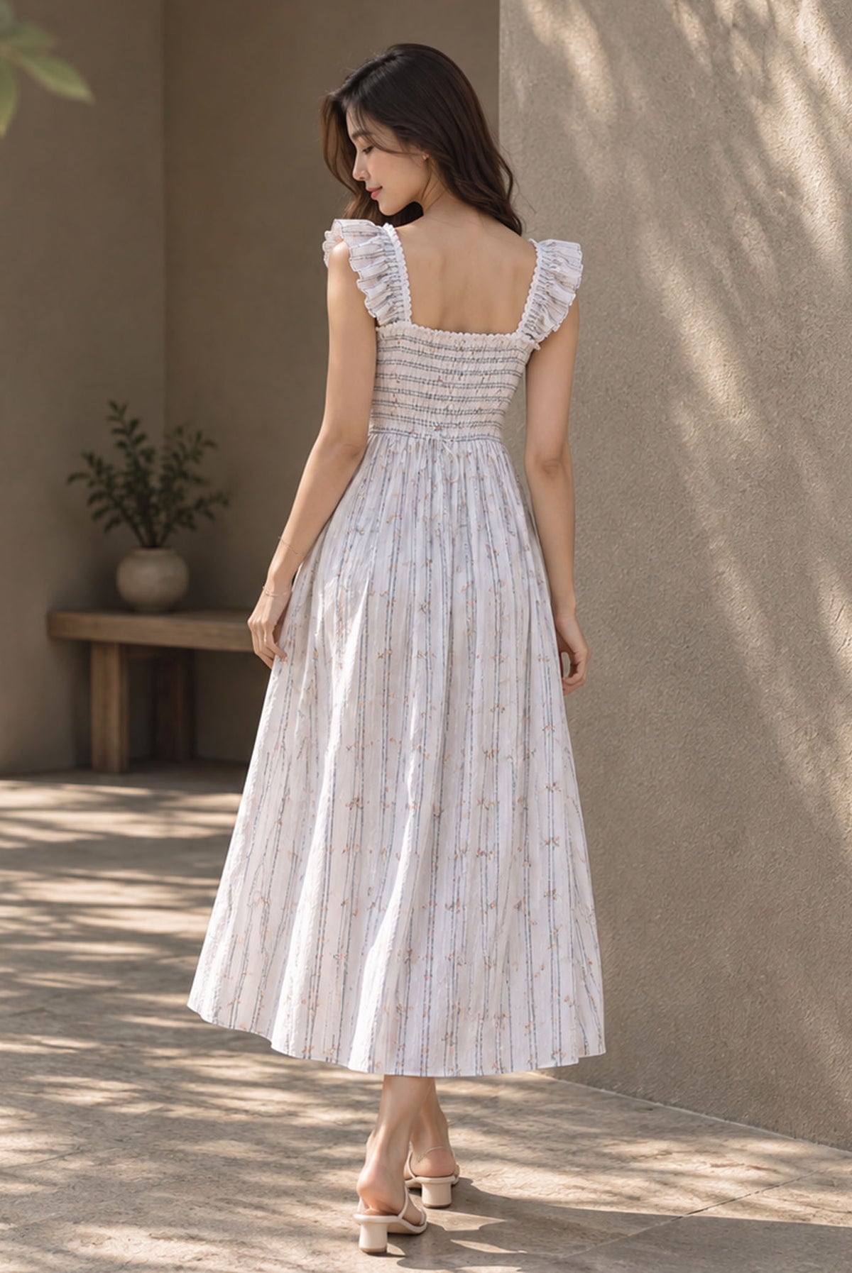 Jezebel Ruffle Strap Lattice Smocked Maxi Dress In Stripes Floral