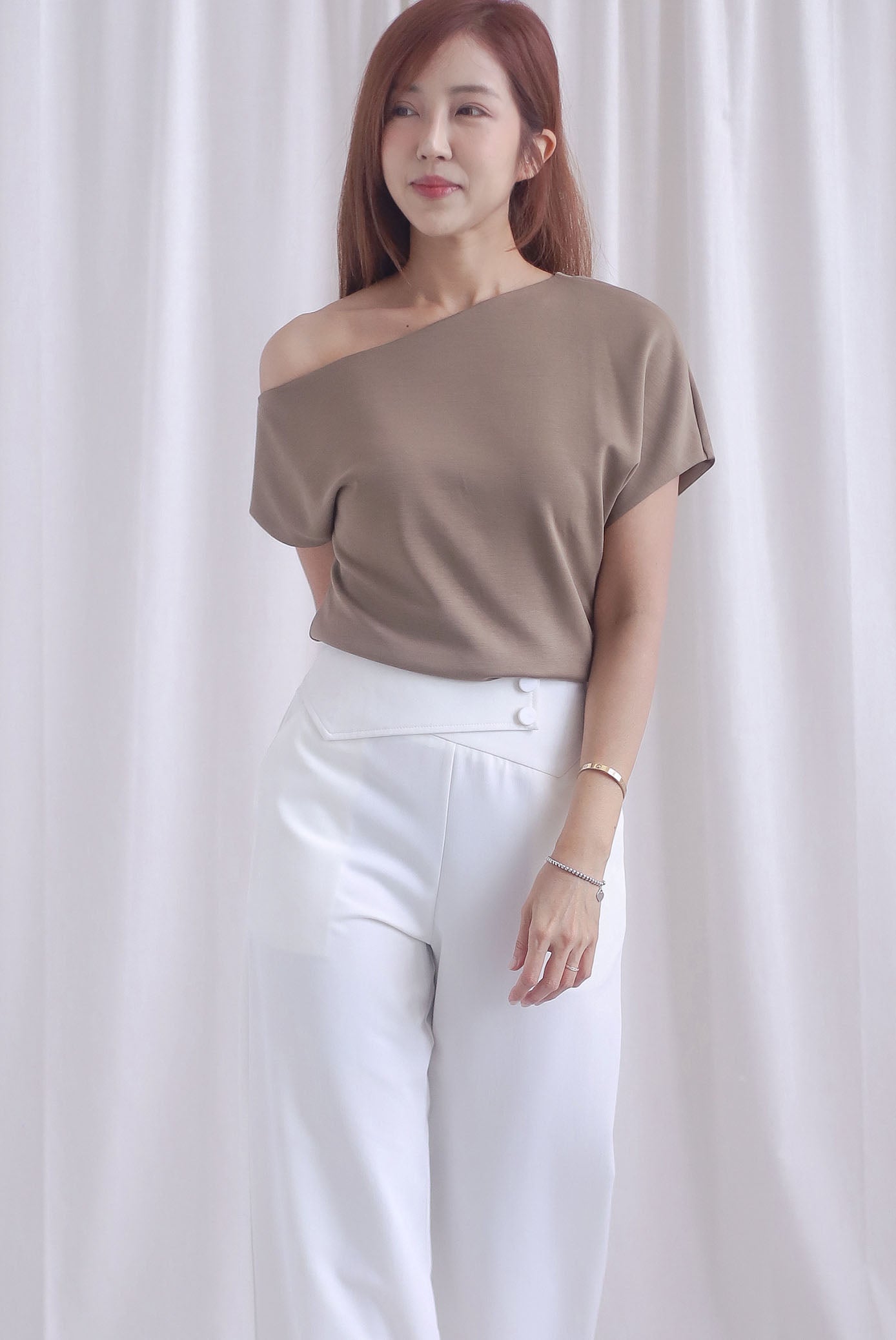 Johanna Asymmetrical Neckline Top In Taupe