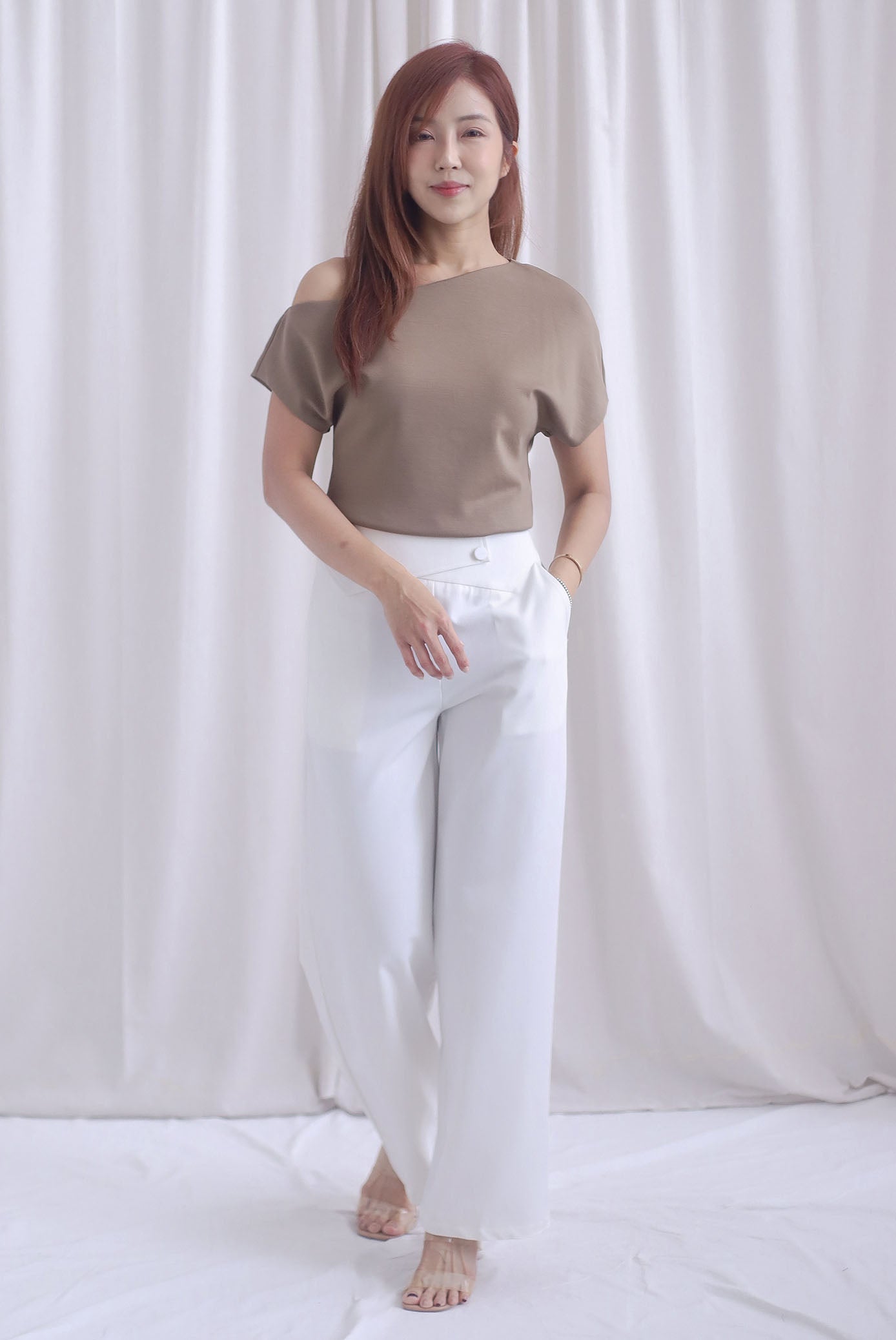 Johanna Asymmetrical Neckline Top In Taupe