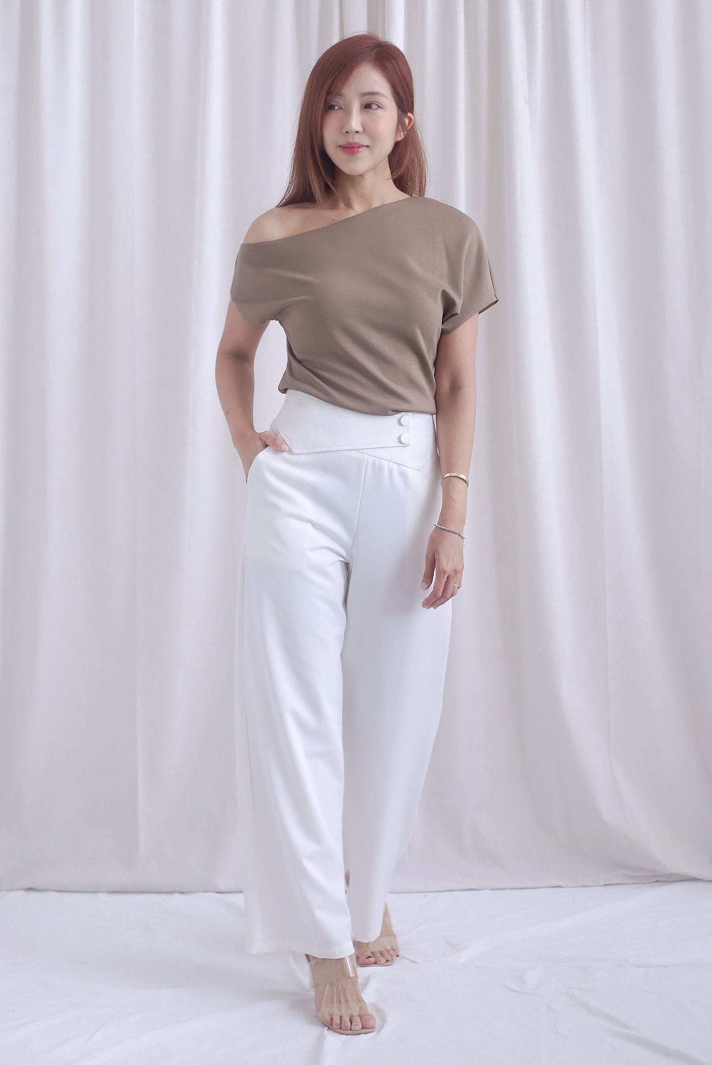 Johanna Asymmetrical Neckline Top In Taupe