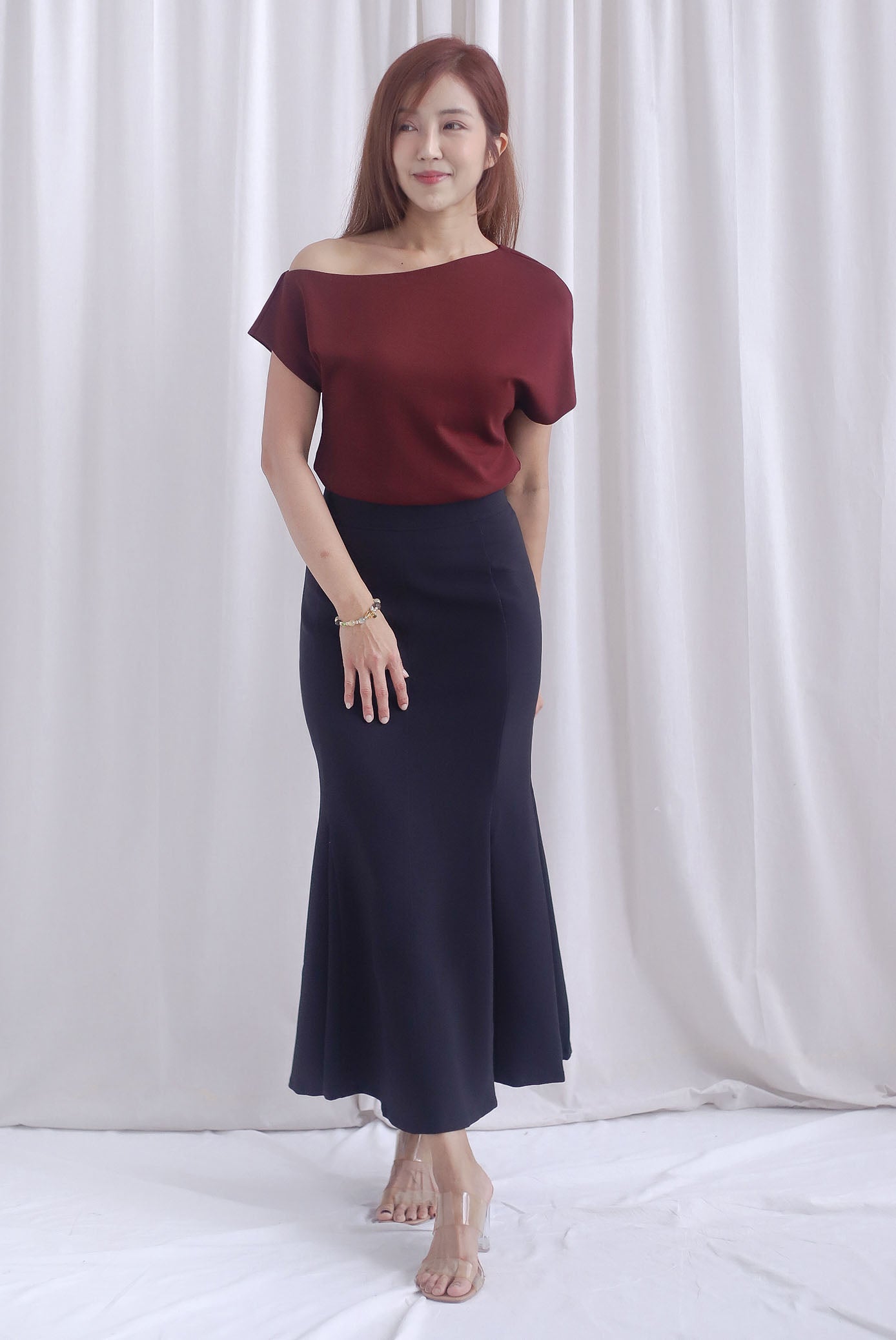 [BY TDC LABEL] Johanna Asymmetrical Neckline Top In Burgundy