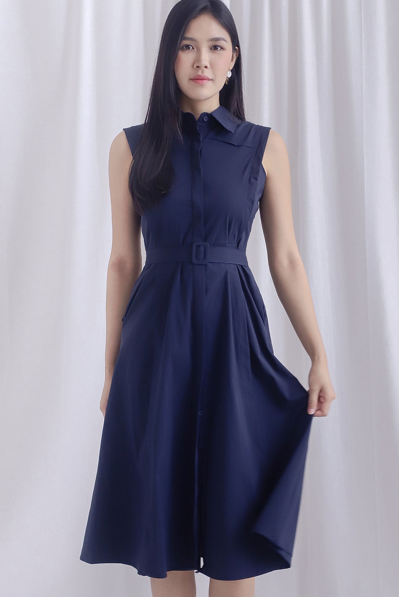Juniper Buttons Front Sleeveless Belted Shirt Dress In Navy Blue The Design Closets Juniper Buttons Front Sleeveless Belted Shirt Dress In Navy Blue The Design Closets