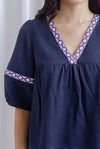 Kaia Aztec Trim Puffy Sleeve Top In Navy Blue