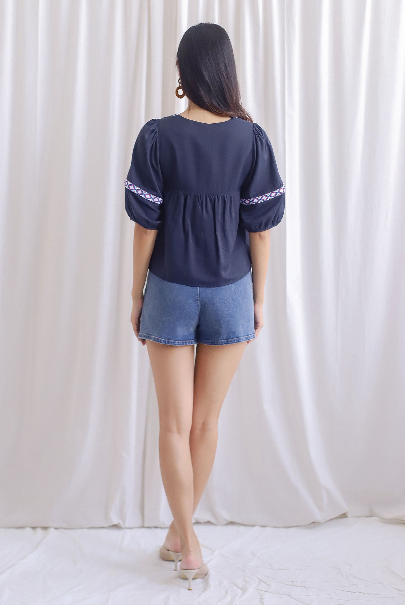 Kaia Aztec Trim Puffy Sleeve Top In Navy Blue