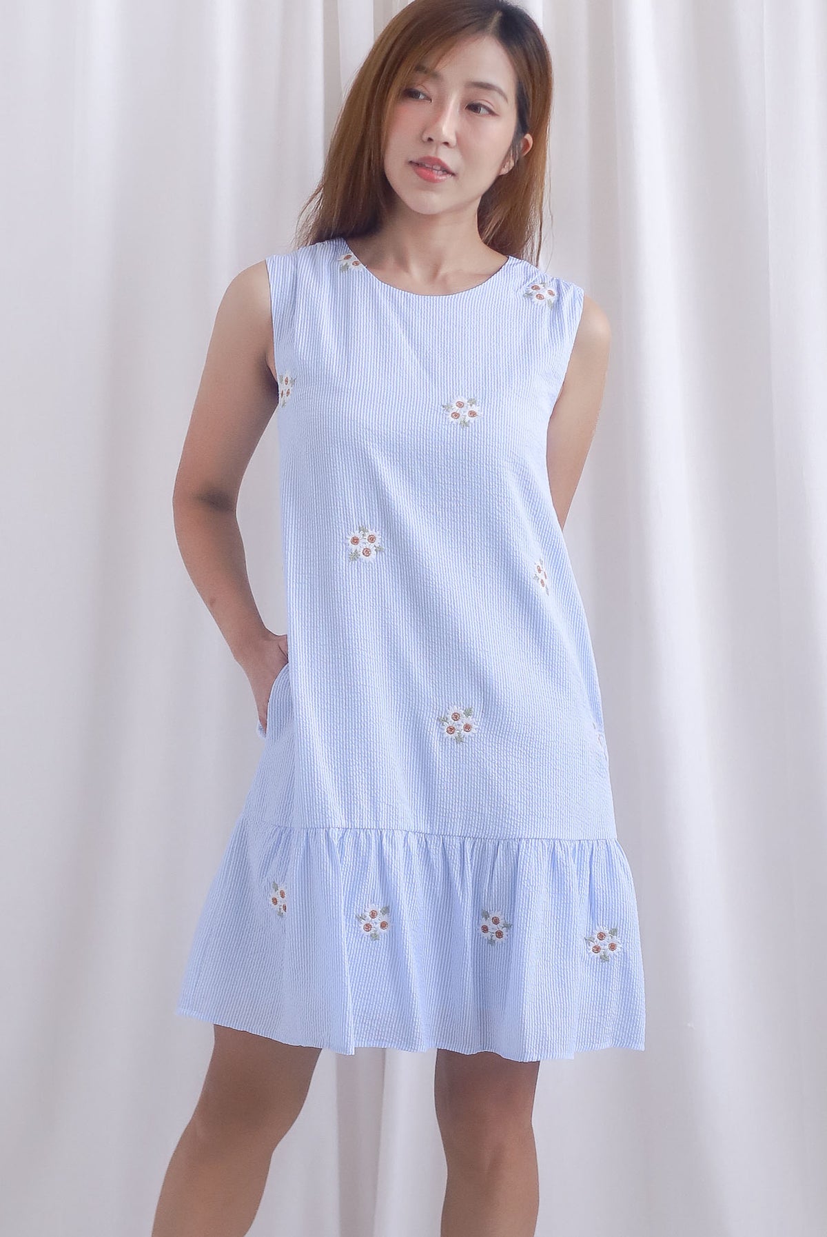 Kara Babydoll Drop Hem Dress In Stripes Embro
