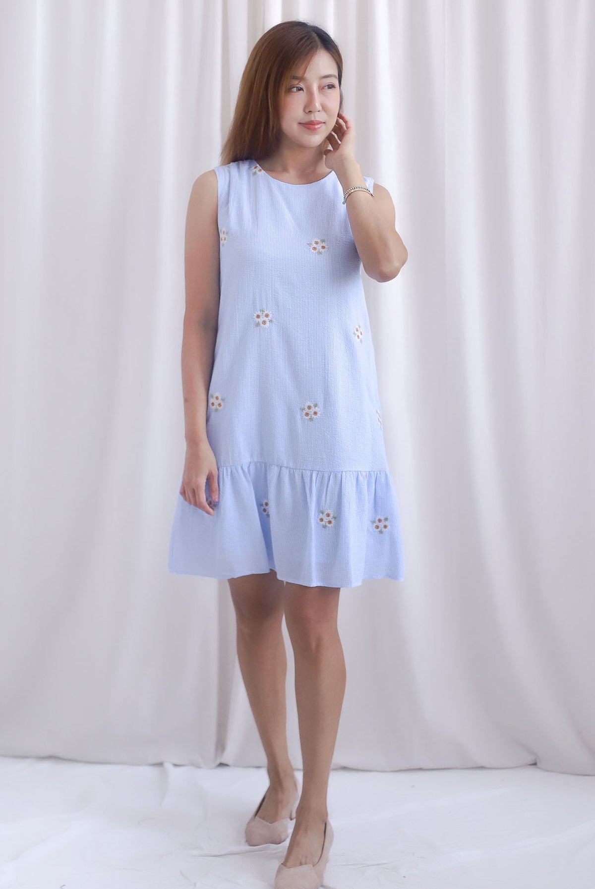 Kara Babydoll Drop Hem Dress In Stripes Embro