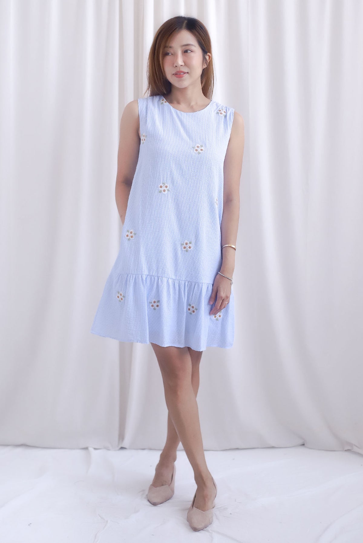 Kara Babydoll Drop Hem Dress In Stripes Embro