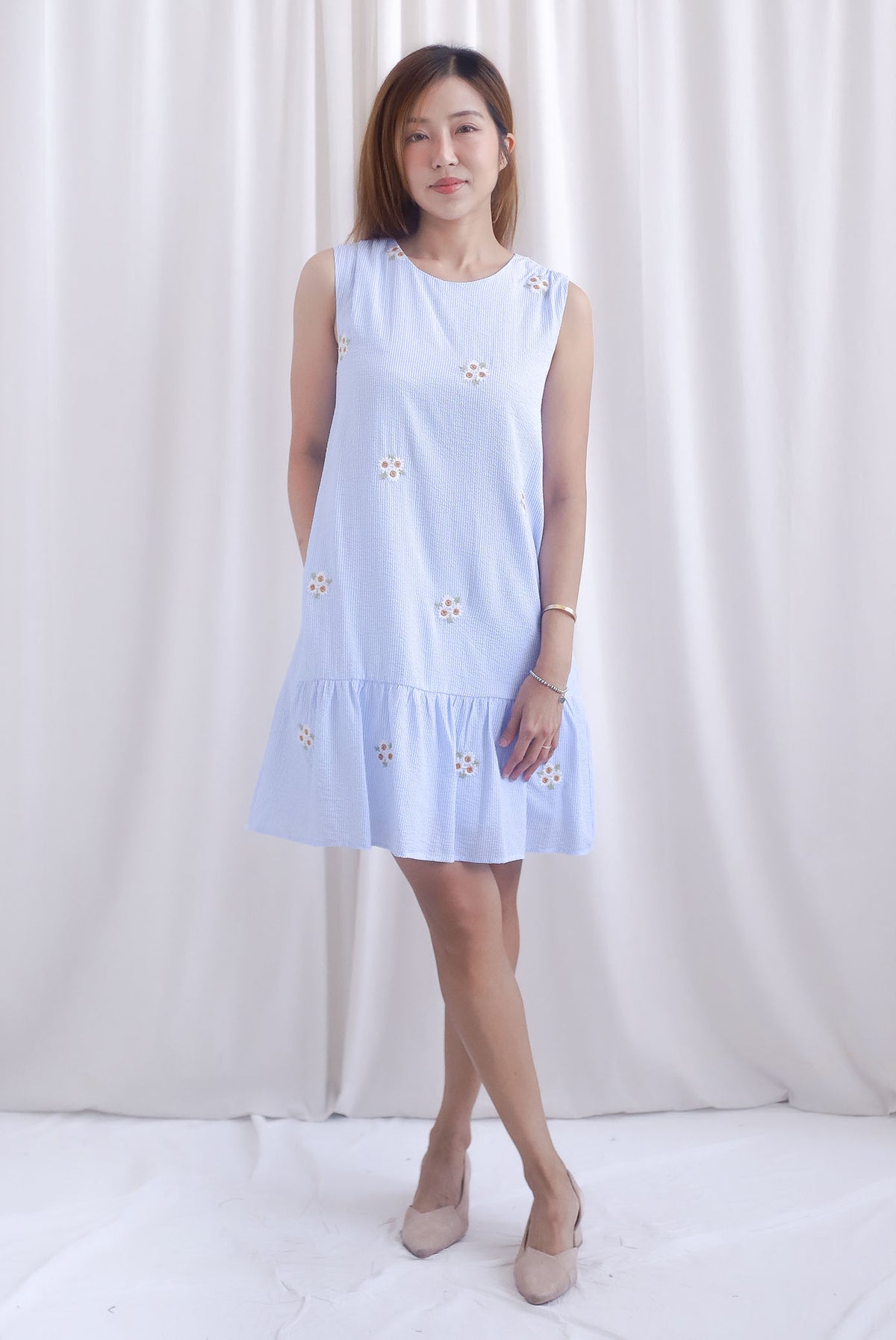 Kara Babydoll Drop Hem Dress In Stripes Embro