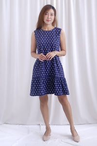 Kara Babydoll Drop Hem Dress In Navy Polkadot