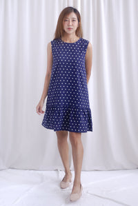 Kara Babydoll Drop Hem Dress In Navy Polkadot