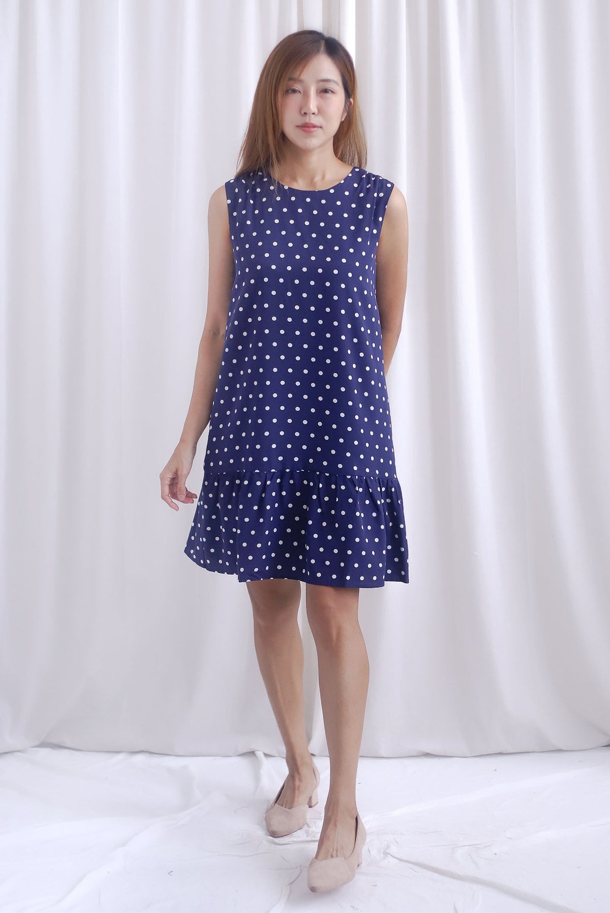Kara Babydoll Drop Hem Dress In Navy Polkadot