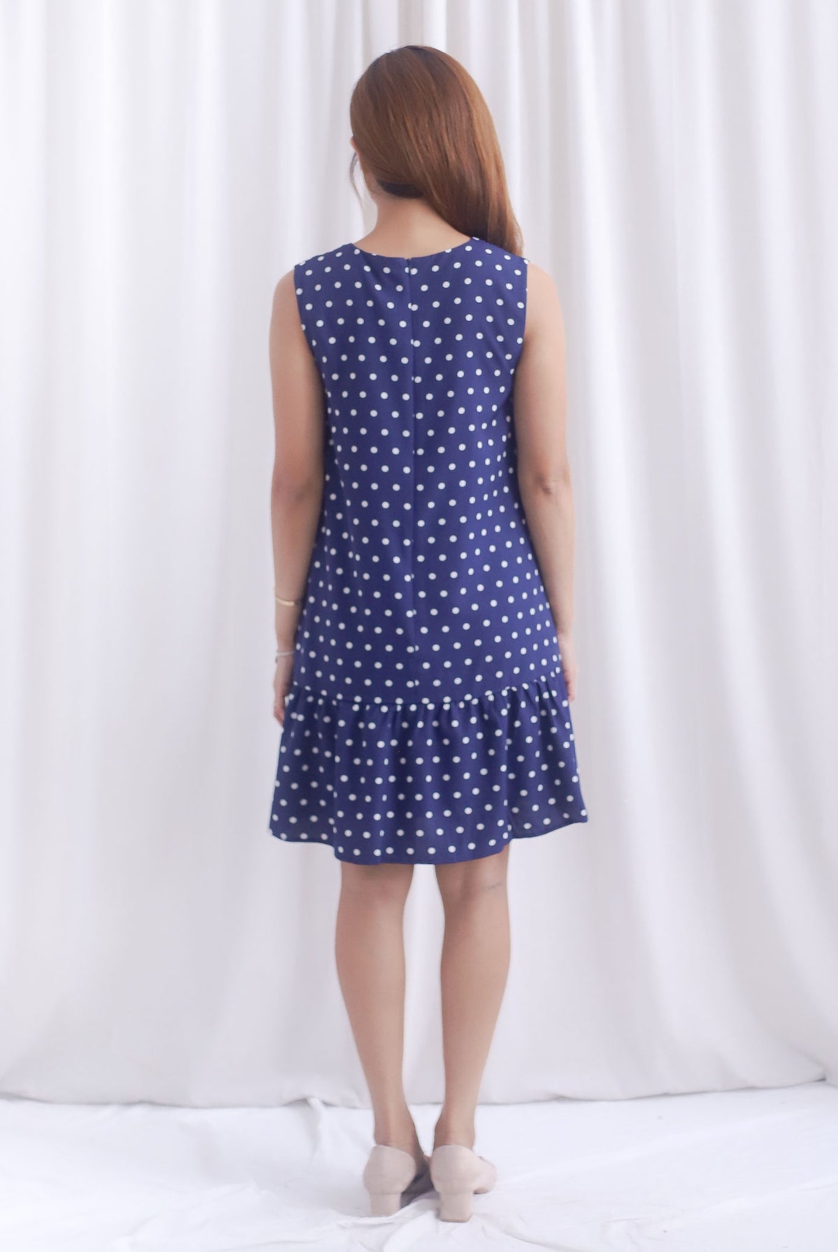 Kara Babydoll Drop Hem Dress In Navy Polkadot
