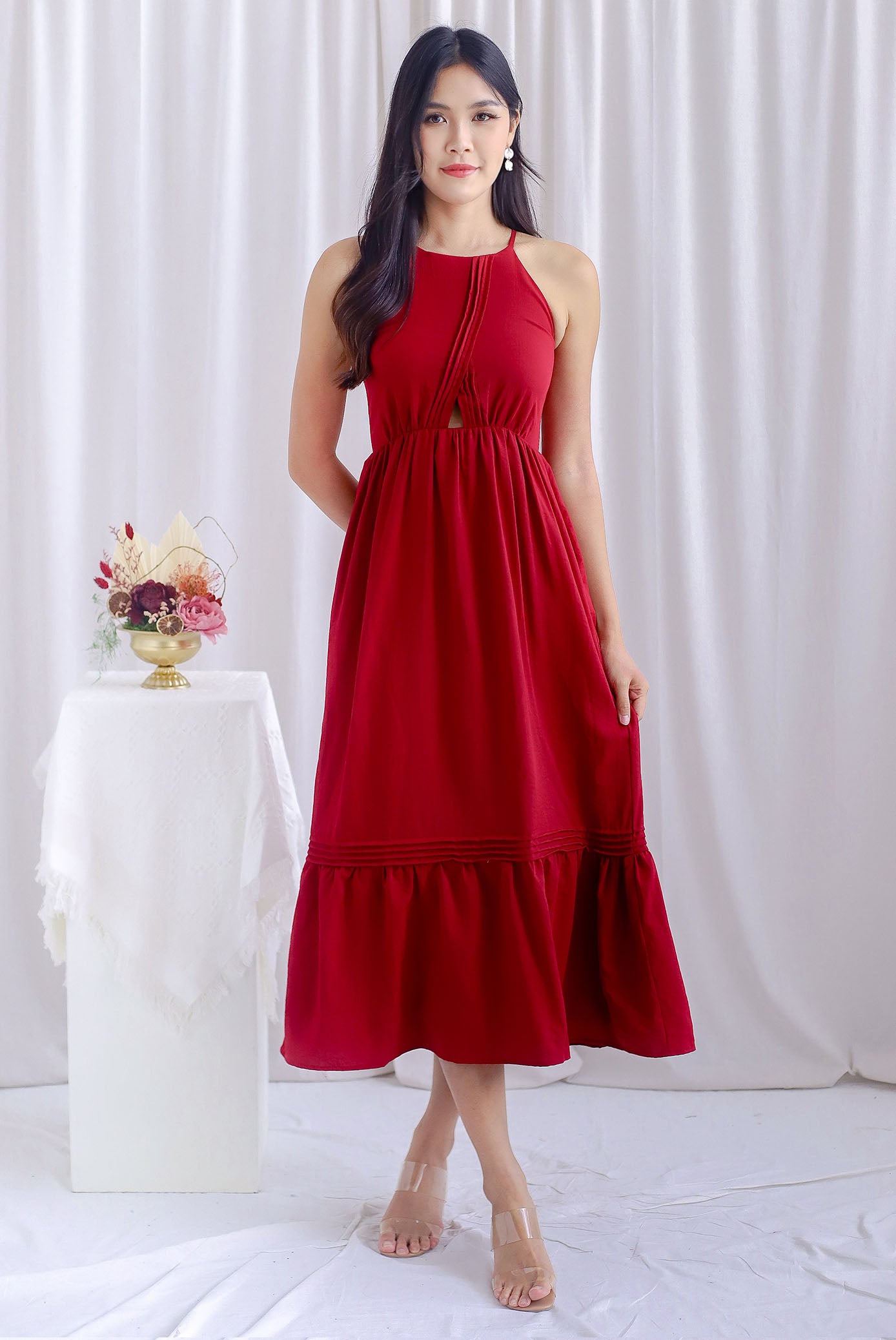 Karmen Pintuck pleats Cut Out Maxi Dress In Wine Red