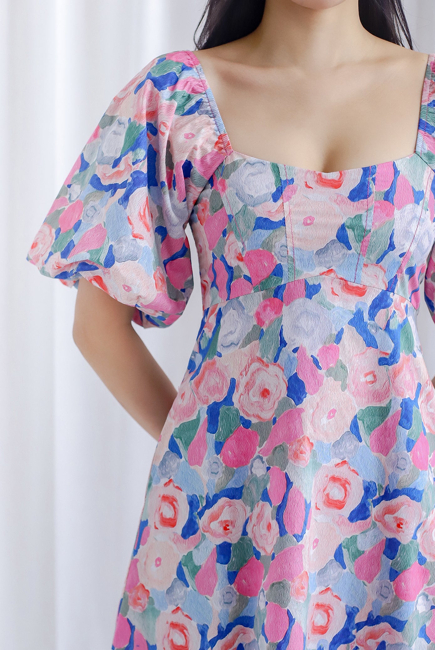 Katniss Puffy Sleeve Seam Bustier Romper Dress In Pink Floral