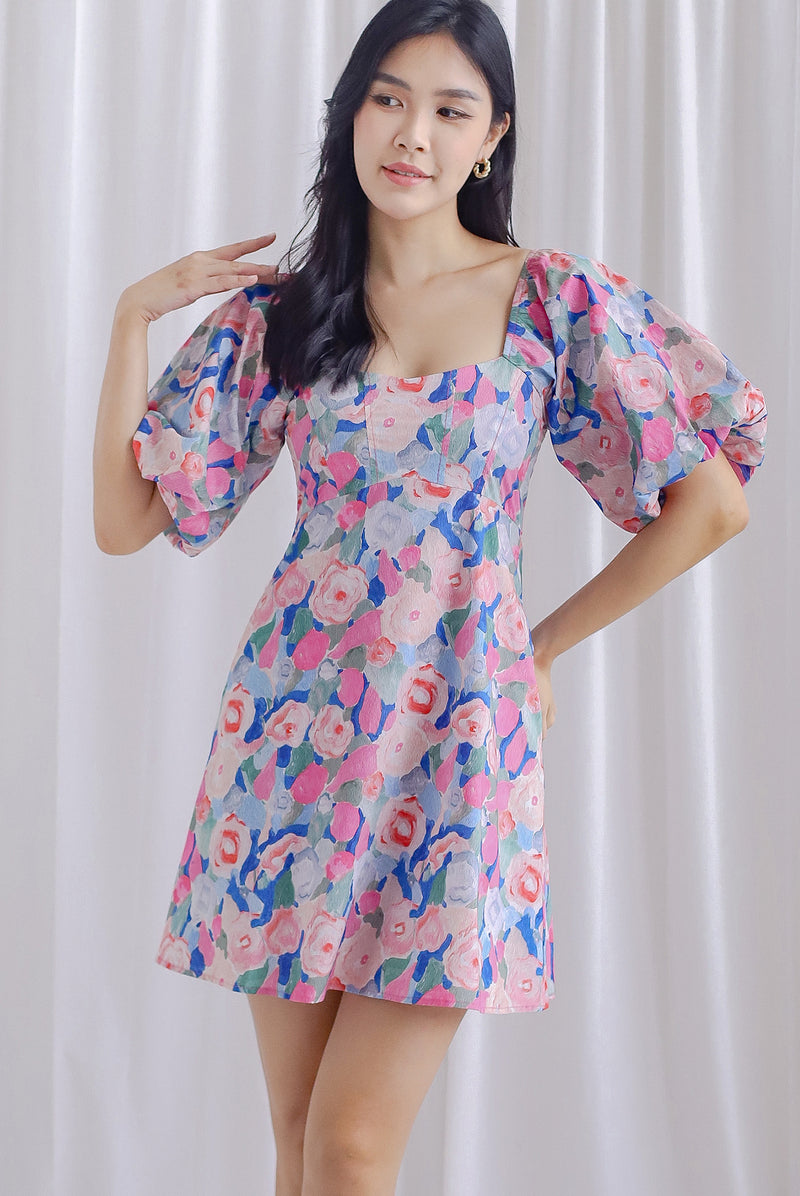 Katniss Puffy Sleeve Seam Bustier Romper Dress In Pink Floral