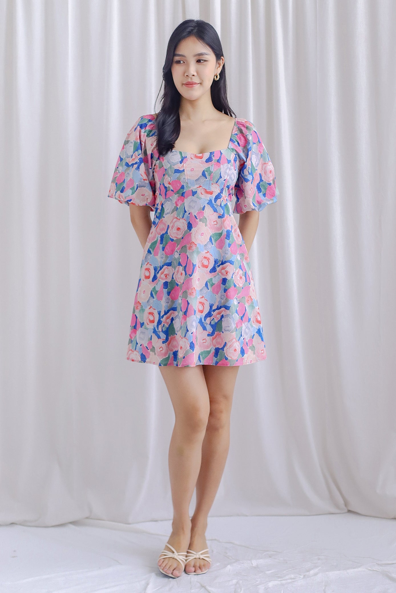 Katniss Puffy Sleeve Seam Bustier Romper Dress In Pink Floral