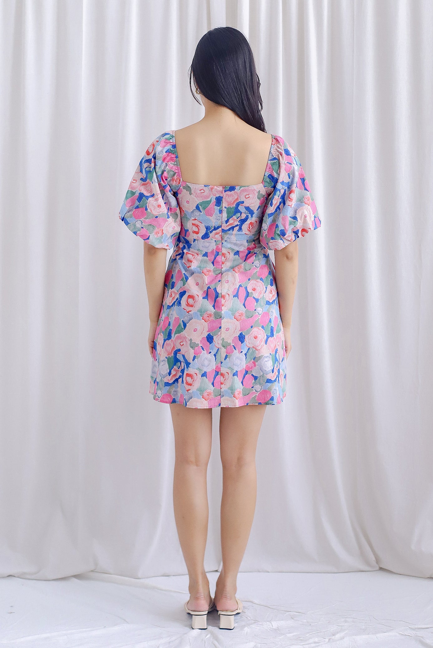 Katniss Puffy Sleeve Seam Bustier Romper Dress In Pink Floral