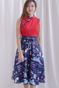 Kei Colour Block Japan Prints Obi Sash Dress In Red