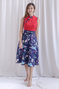 Kei Colour Block Japan Prints Obi Sash Dress In Red