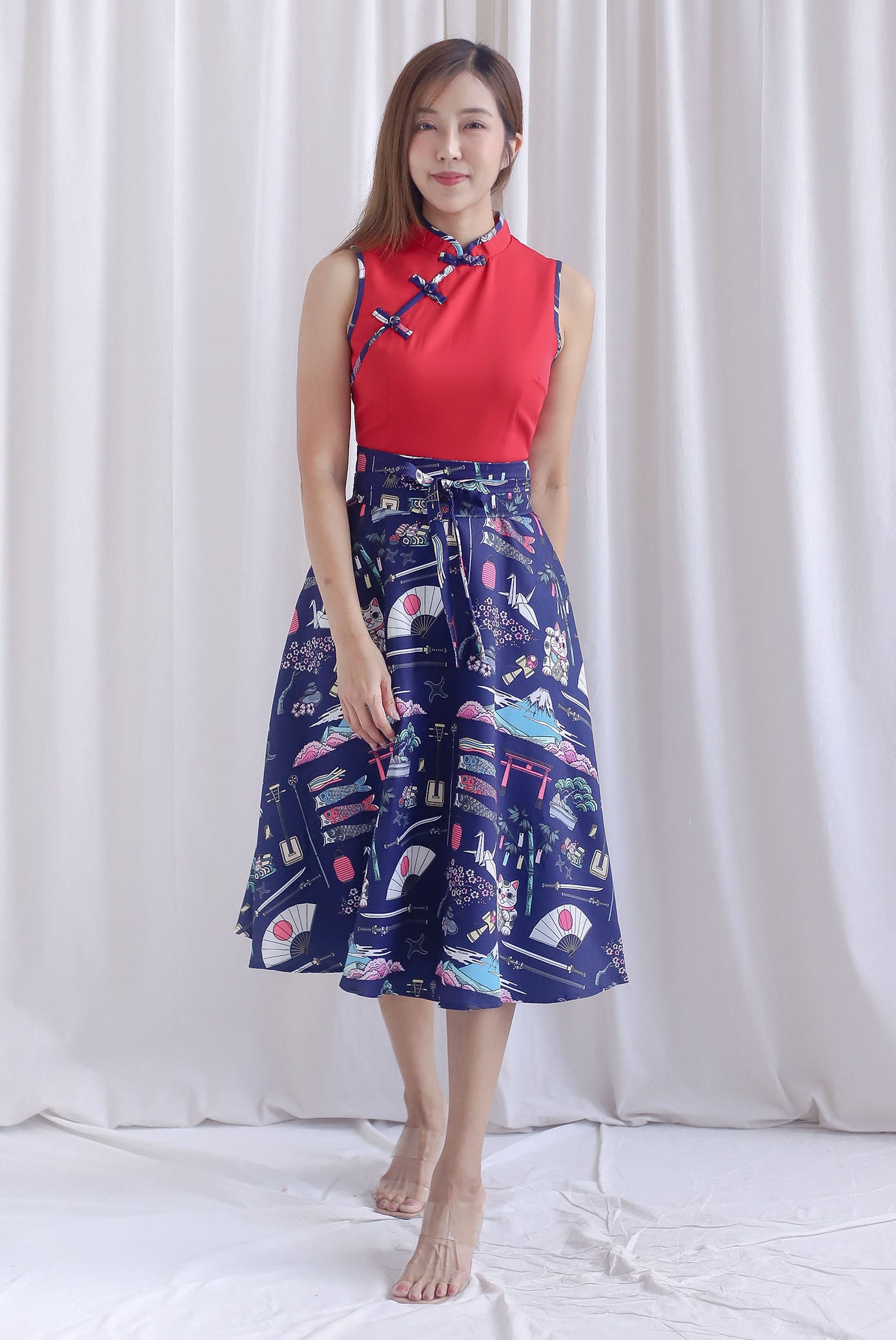 Kei Colour Block Japan Prints Obi Sash Dress In Red