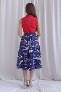 Kei Colour Block Japan Prints Obi Sash Dress In Red