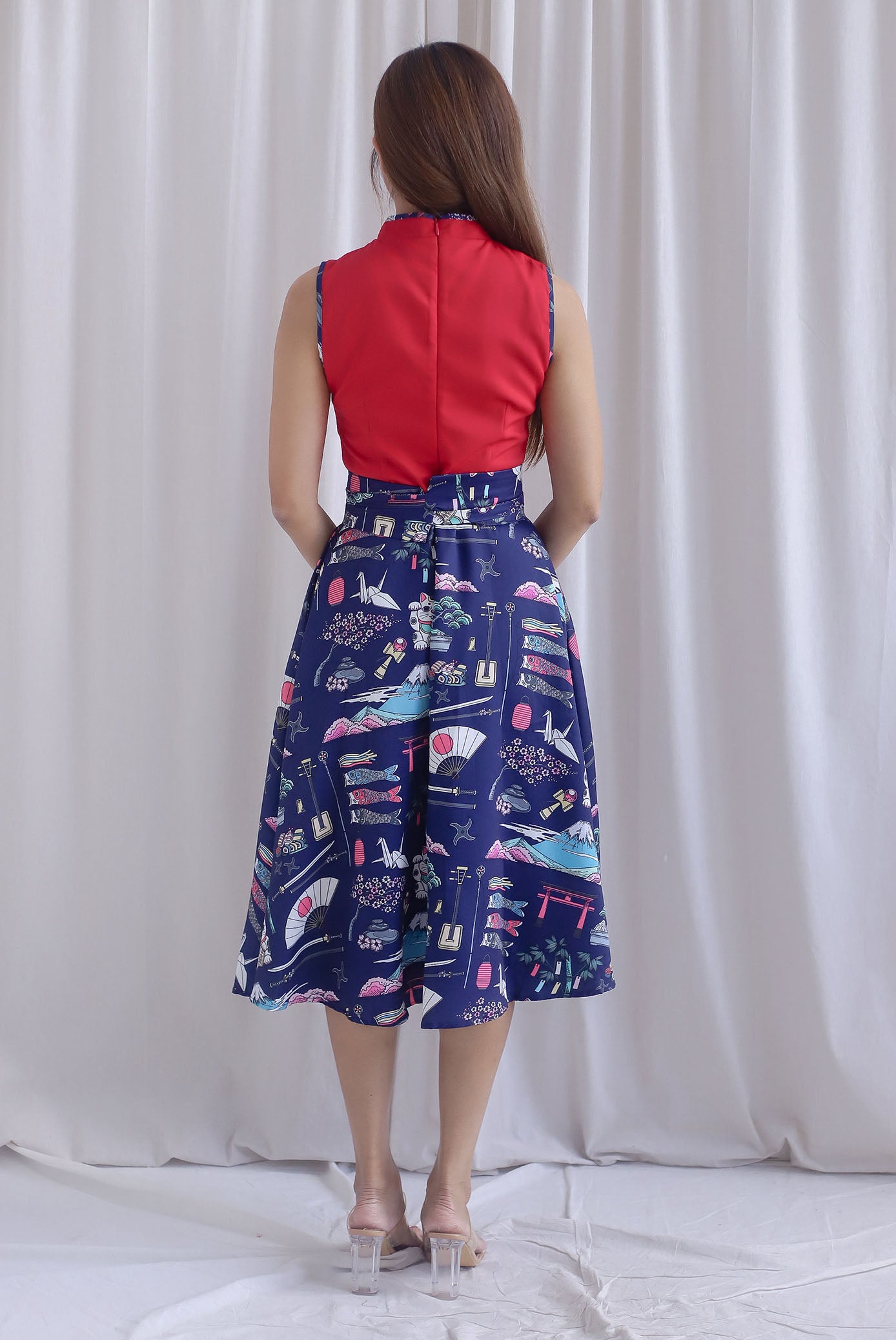 Kei Colour Block Japan Prints Obi Sash Dress In Red