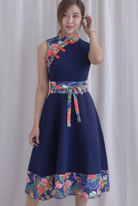 Koi Obi Sash Cheong Sam Skater Dress In Navy Blue