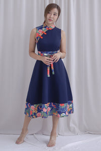 Koi Obi Sash Cheong Sam Skater Dress In Navy Blue