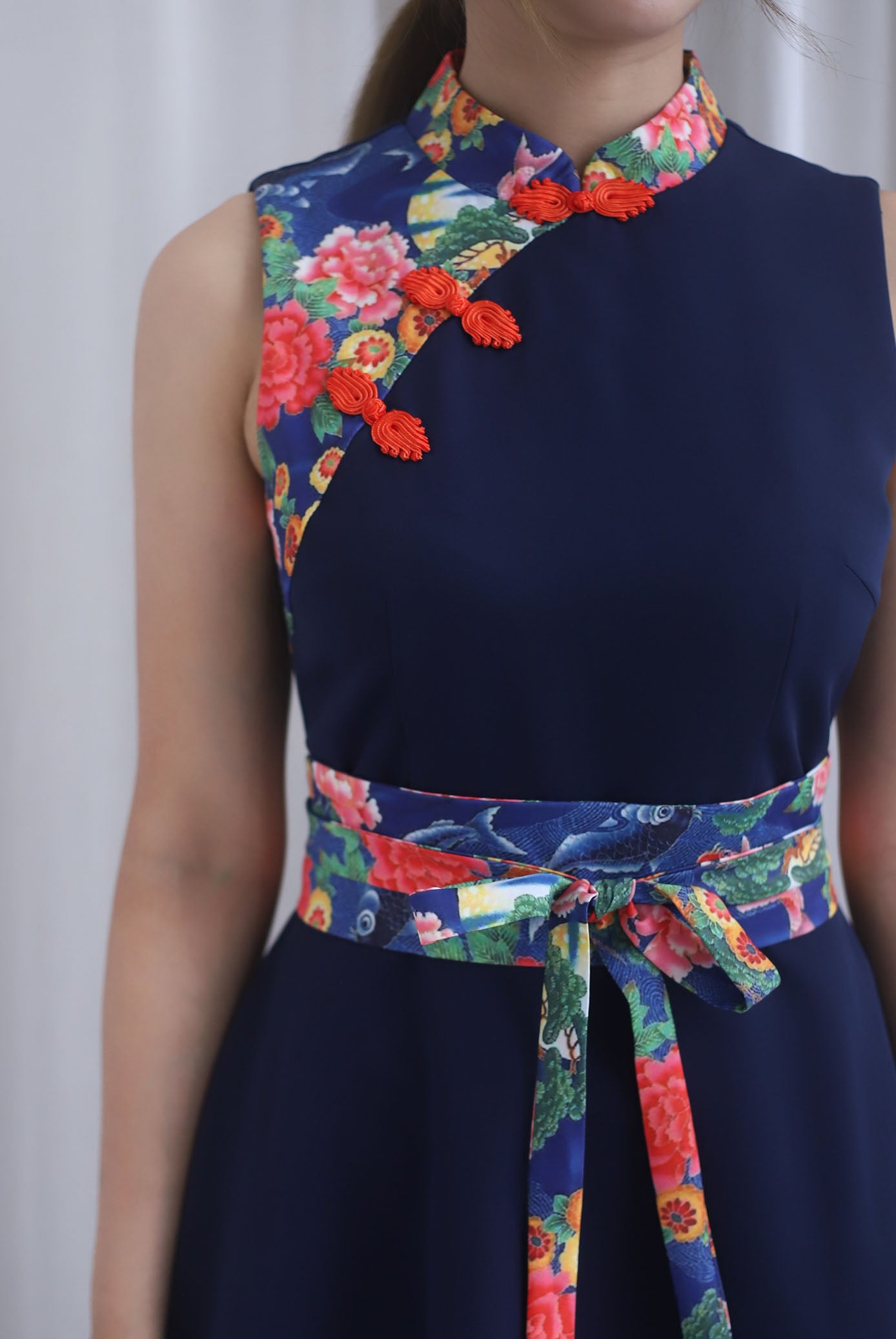 Koi Obi Sash Cheong Sam Skater Dress In Navy Blue