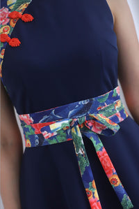 Koi Obi Sash Cheong Sam Skater Dress In Navy Blue