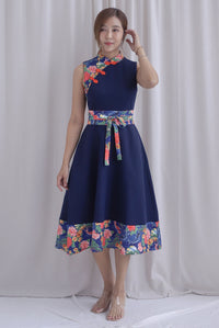 Koi Obi Sash Cheong Sam Skater Dress In Navy Blue