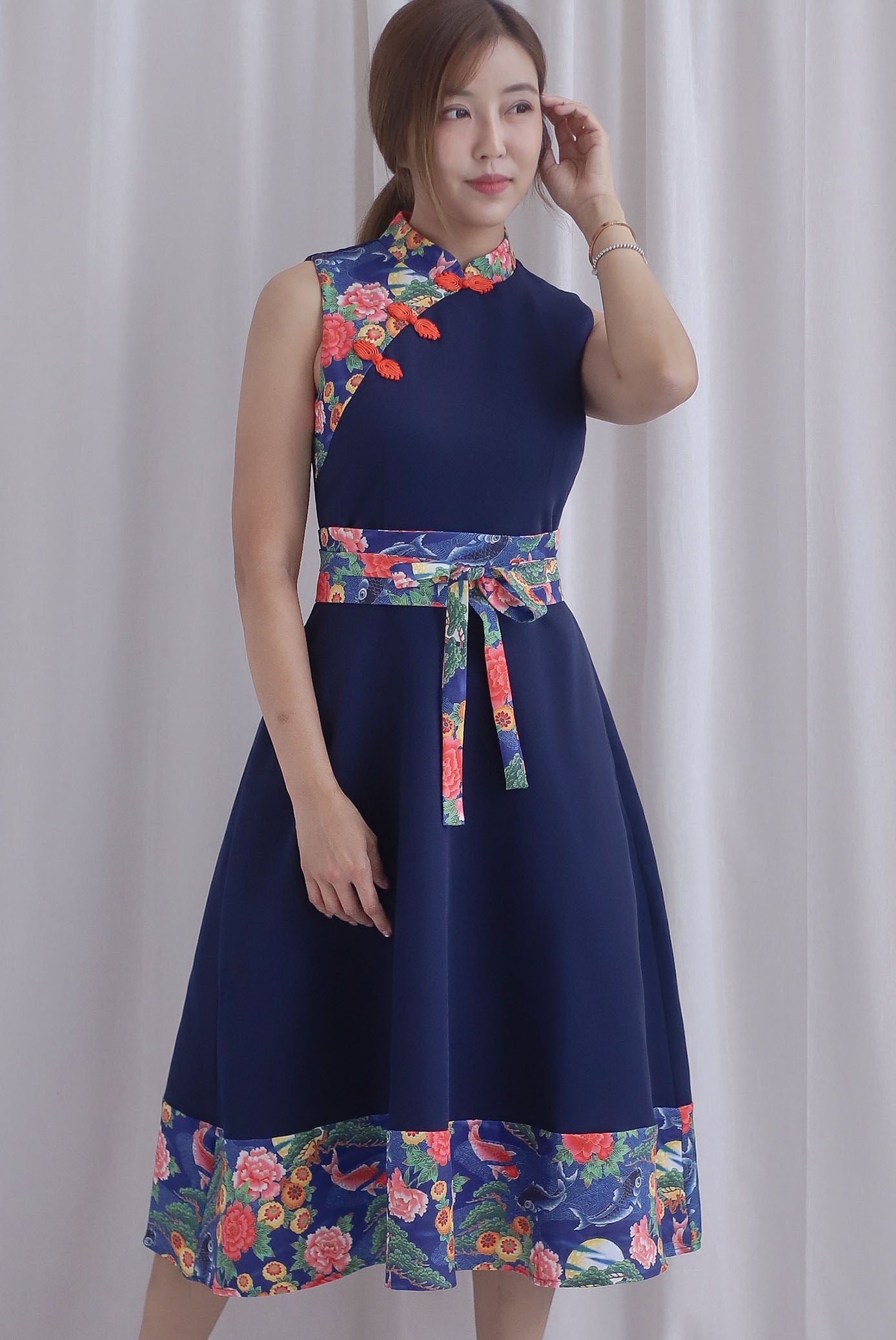 Koi Obi Sash Cheong Sam Skater Dress In Navy Blue