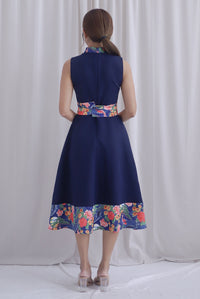 Koi Obi Sash Cheong Sam Skater Dress In Navy Blue