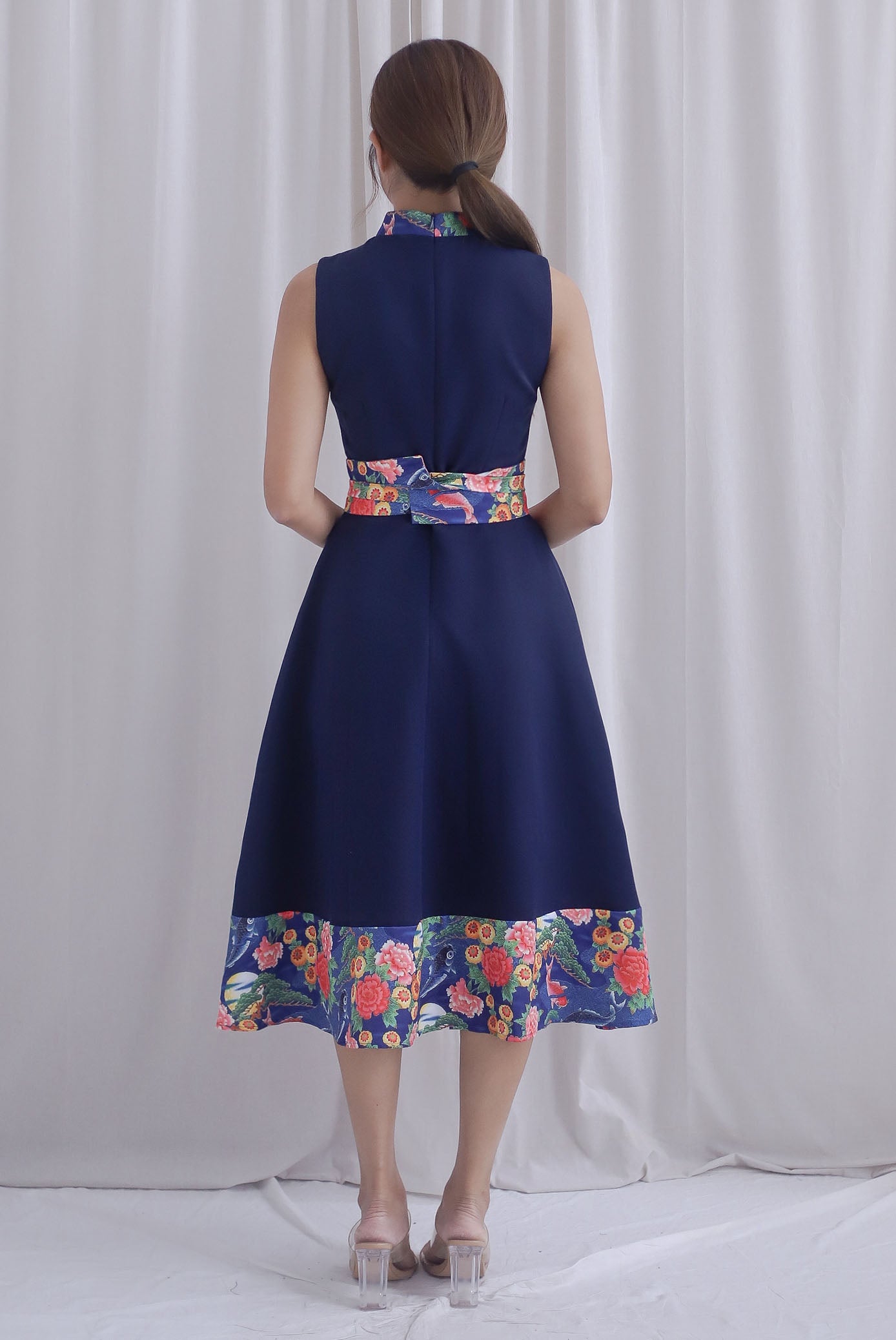 Koi Obi Sash Cheong Sam Skater Dress In Navy Blue