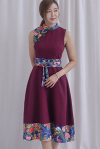 Koi Obi Sash Cheong Sam Skater Dress In Deep Wine