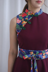 Koi Obi Sash Cheong Sam Skater Dress In Deep Wine