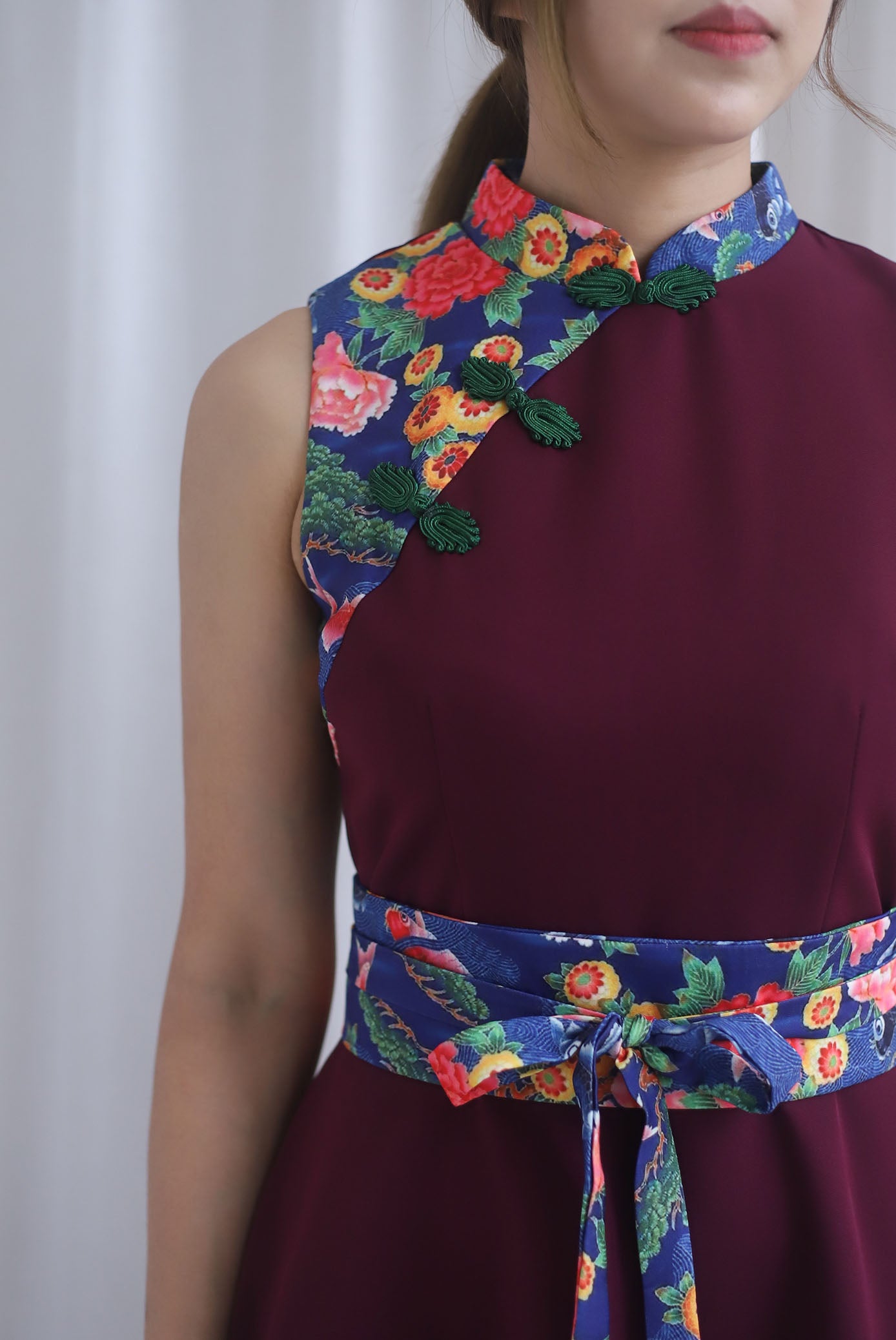 Koi Obi Sash Cheong Sam Skater Dress In Deep Wine
