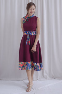 Koi Obi Sash Cheong Sam Skater Dress In Deep Wine