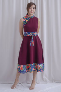 Koi Obi Sash Cheong Sam Skater Dress In Deep Wine
