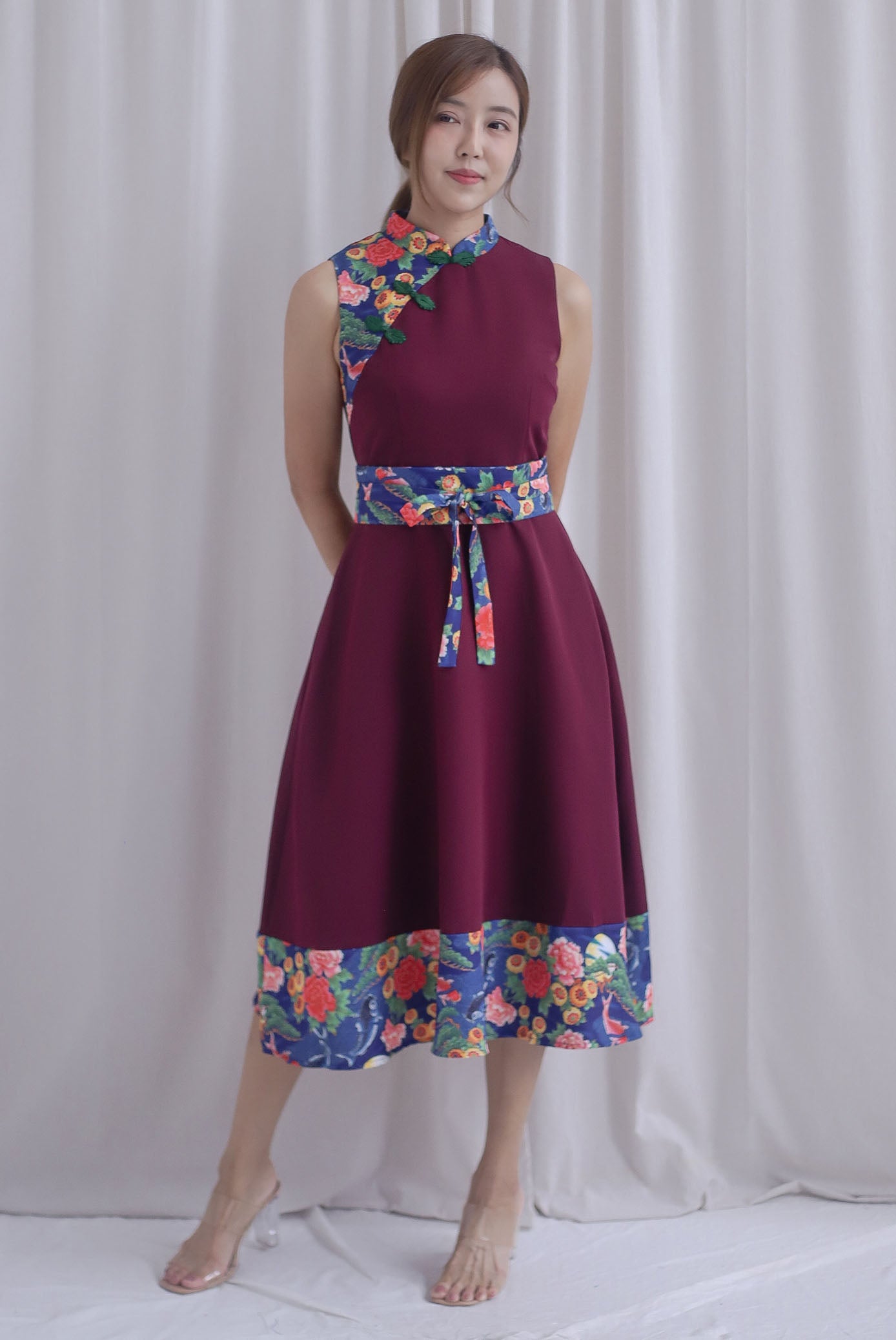 Koi Obi Sash Cheong Sam Skater Dress In Deep Wine