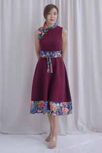 Koi Obi Sash Cheong Sam Skater Dress In Deep Wine