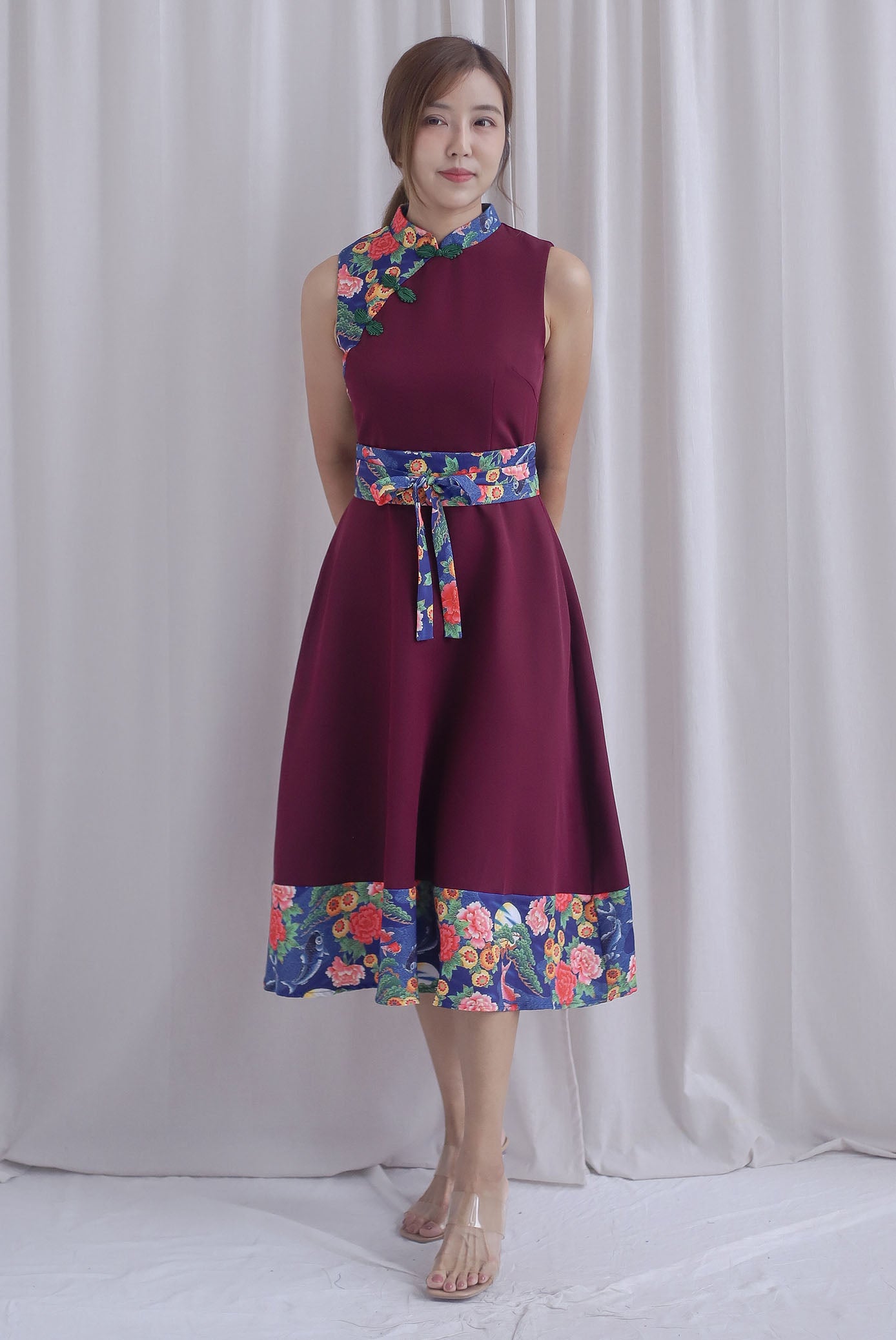 Koi Obi Sash Cheong Sam Skater Dress In Deep Wine