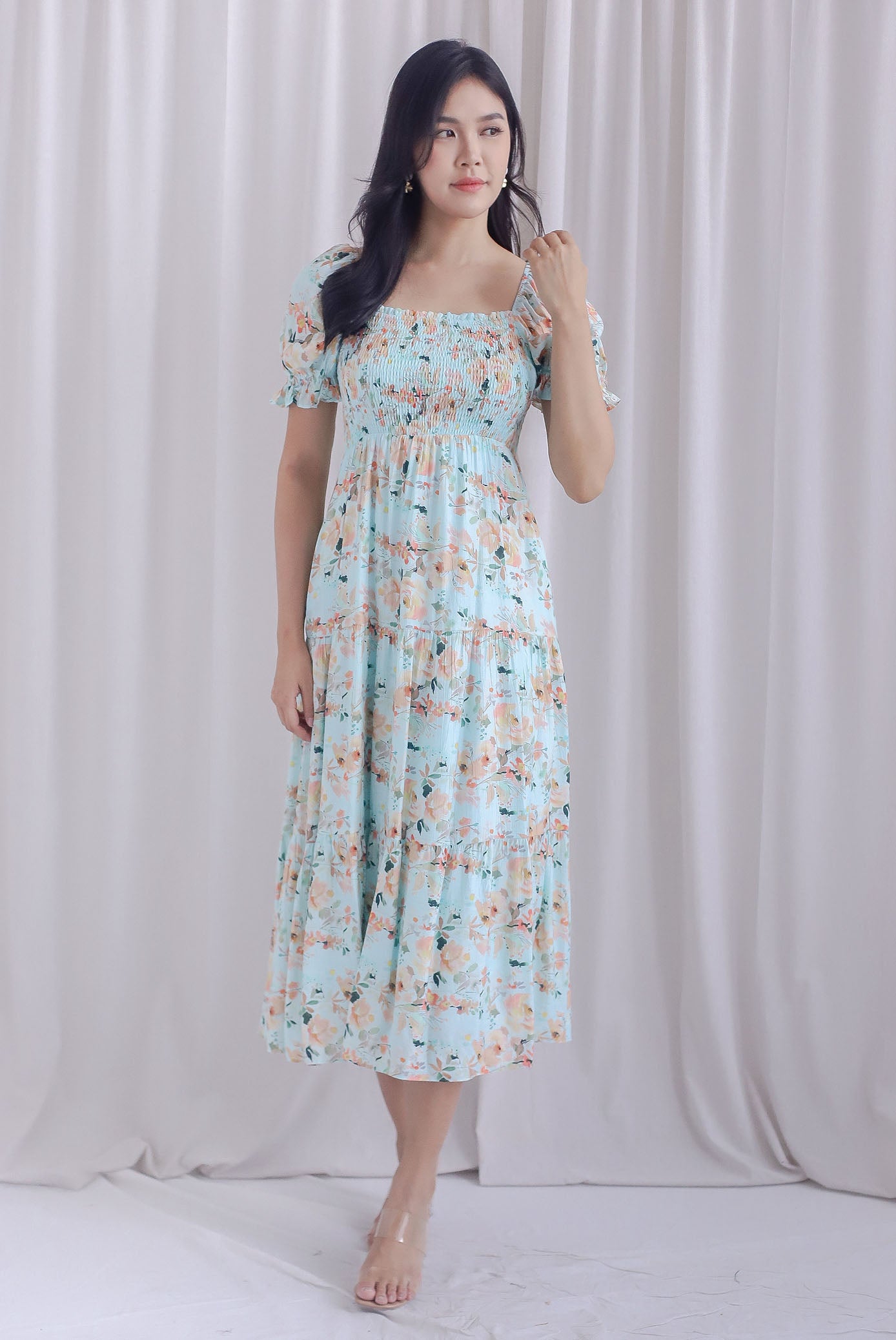 Kristin Puffy Sleeve Smocked Maxi Dress In Mint