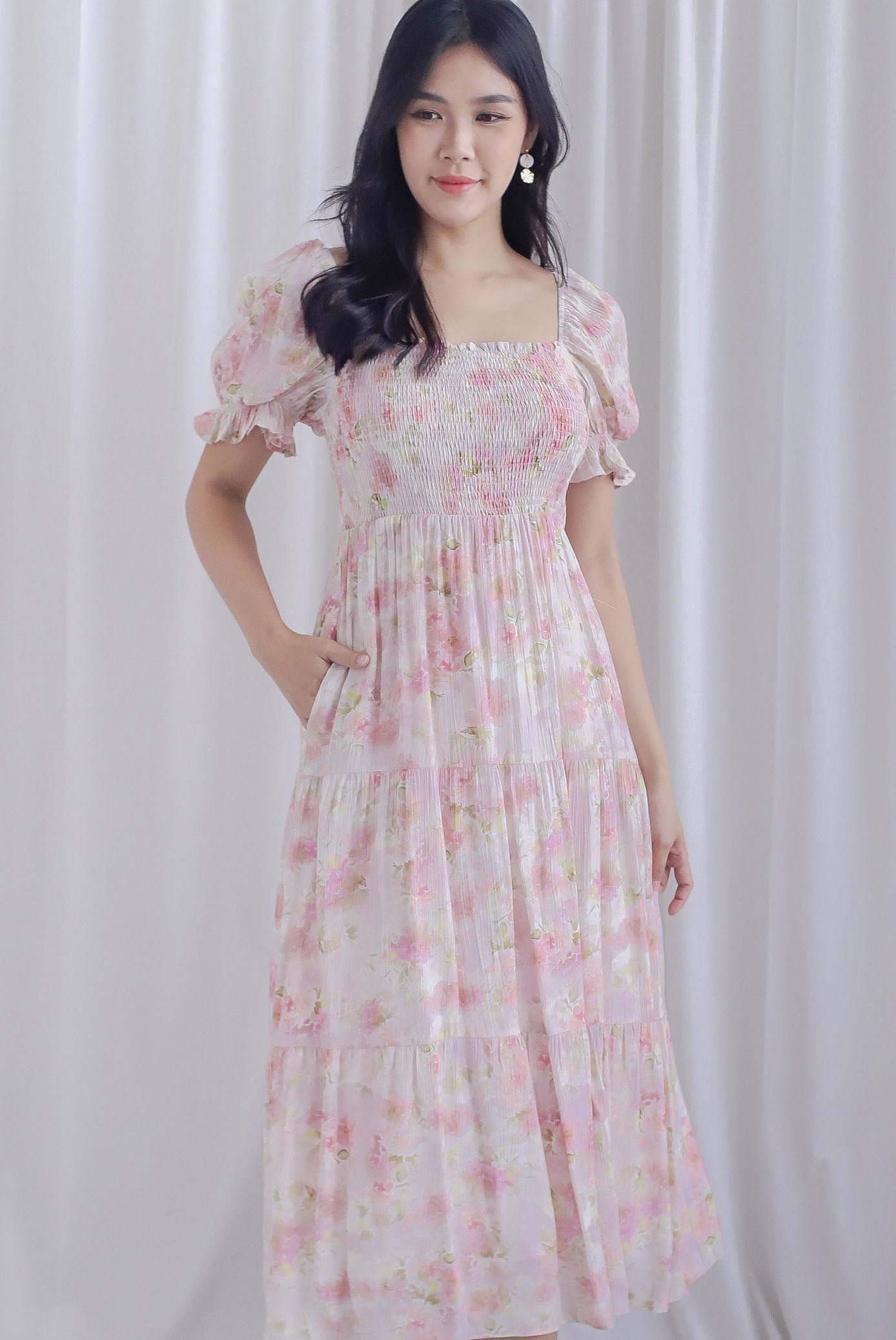 Kristin Puffy Sleeve Smocked Maxi Dress In Pink