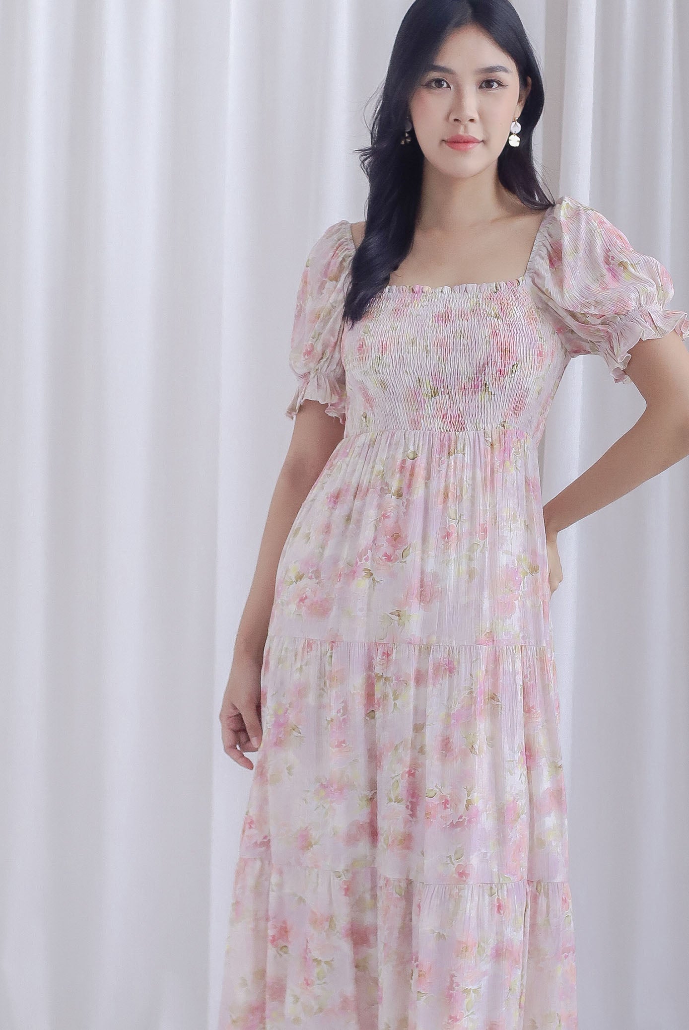 Kristin Puffy Sleeve Smocked Maxi Dress In Pink