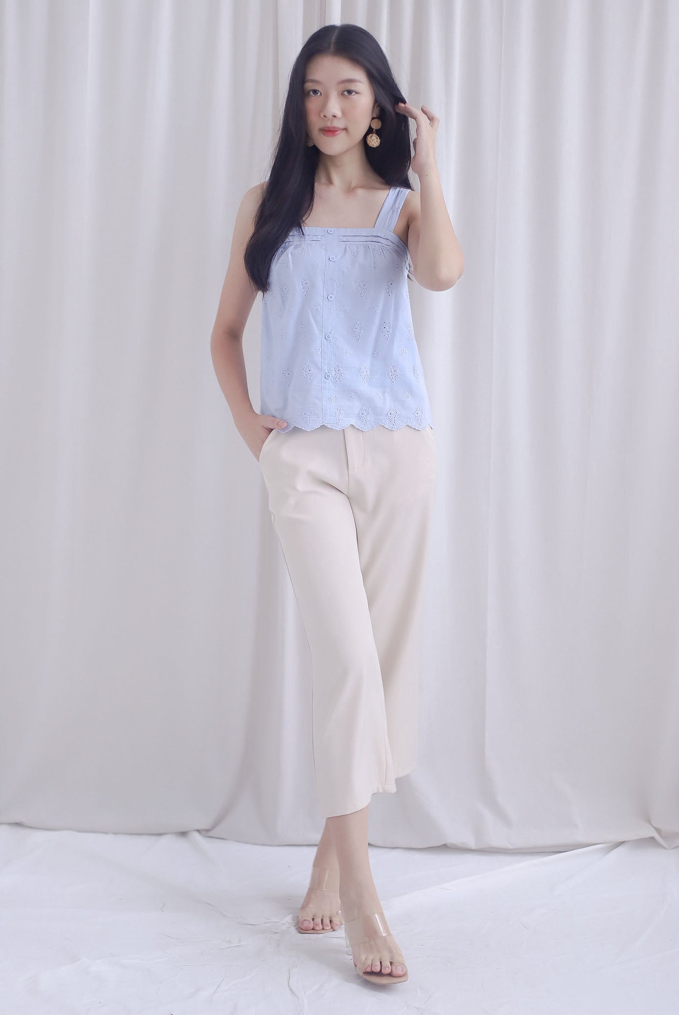 Kristy Pintuck Buttons Eyelet Top In Blue