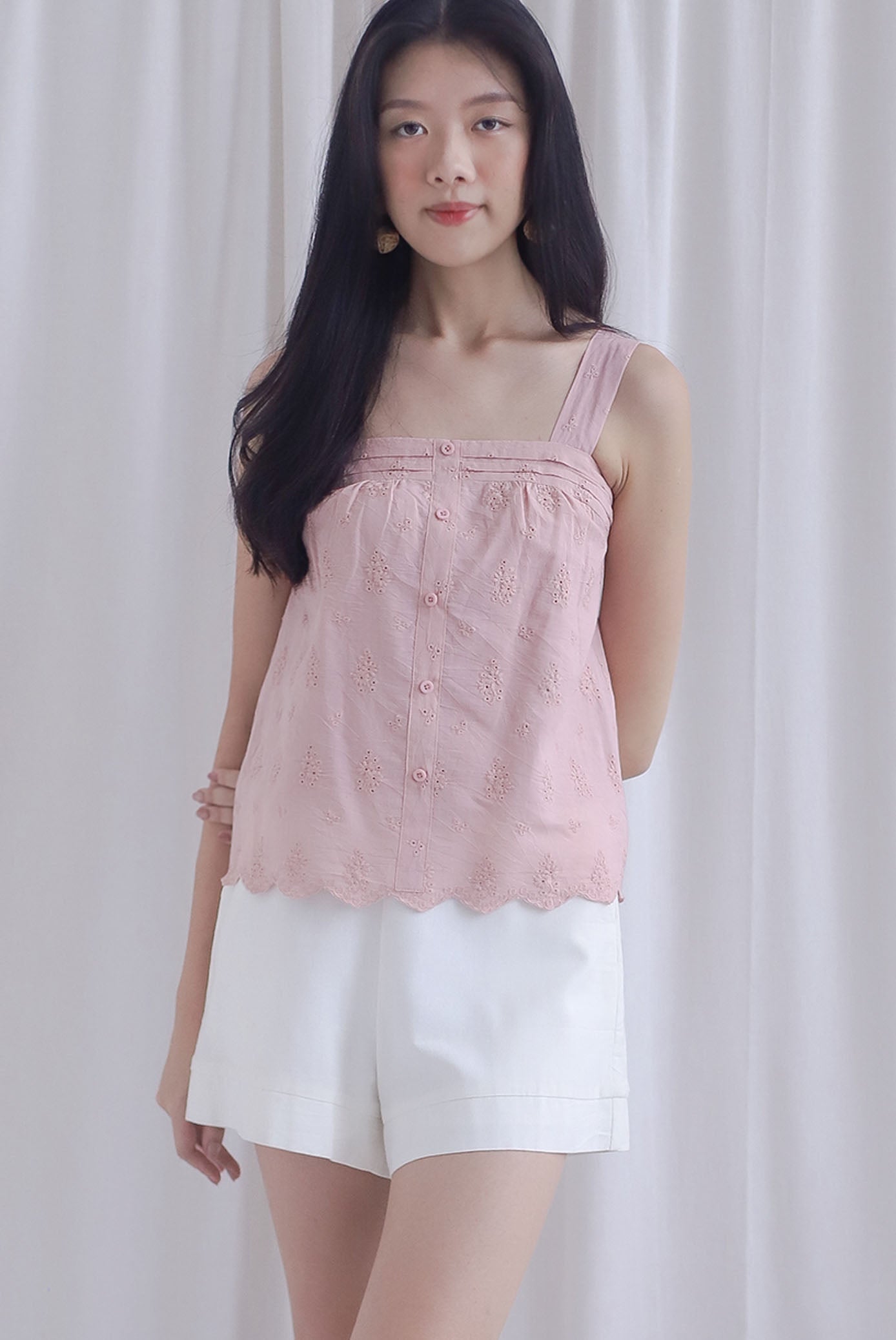 Kristy Pintuck Buttons Eyelet Top In Pink