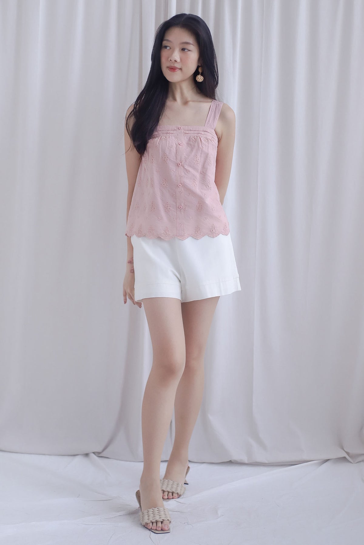 Kristy Pintuck Buttons Eyelet Top In Pink